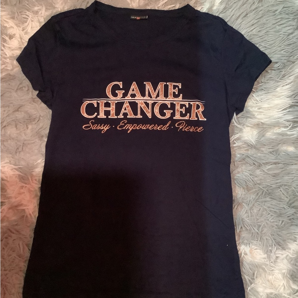 Navy blue t-shirt with glittery statement in the front